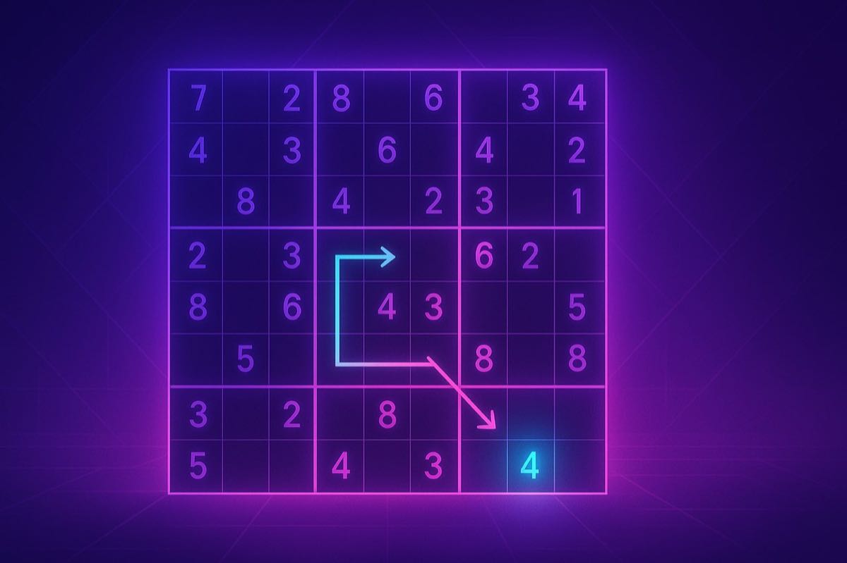 Illustration of a Sudoku board being solved step by step with numbered highlights and logic arrows