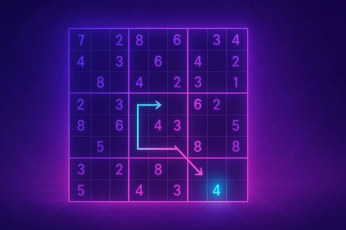 Illustration of a Sudoku board being solved step by step with numbered highlights and logic arrows