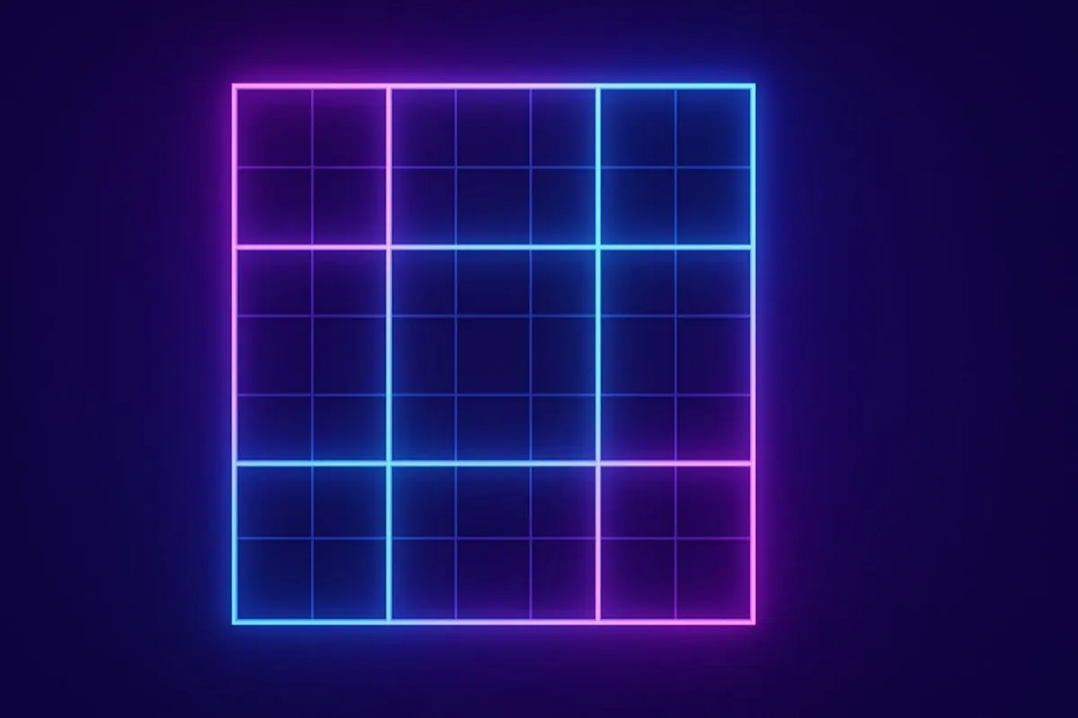 Illustration of a glowing Sudoku grid with highlighted rows, columns, and boxes