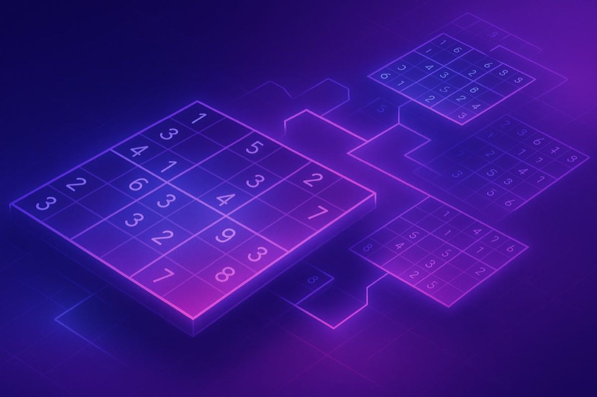Illustration of a Sudoku player facing a difficult glowing grid with blocked paths and one clear route opening up