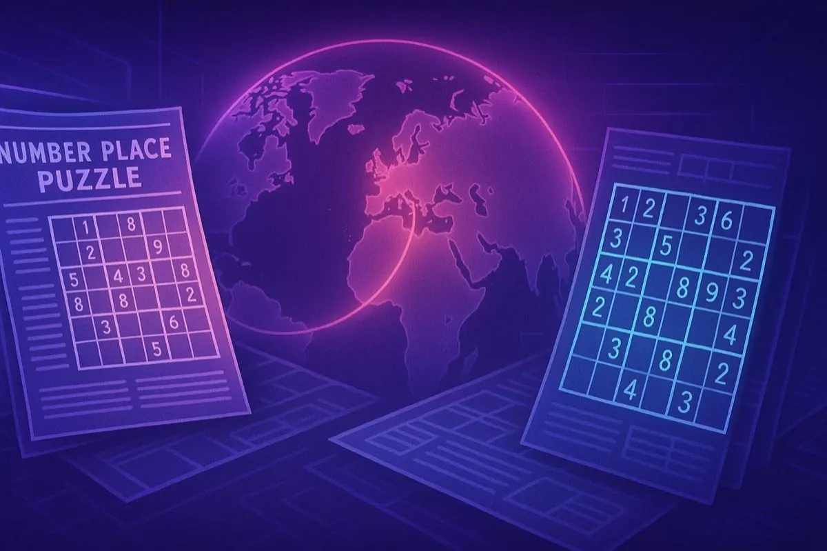 Illustration of a world Sudoku championship stage with puzzle sheets, timer, and spotlighted competitors